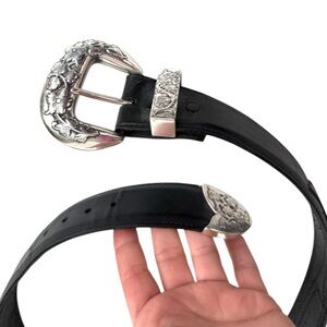 Vintage Brighton Leather Belt 1993 Engraved Silver Floral Buckle Western Boho